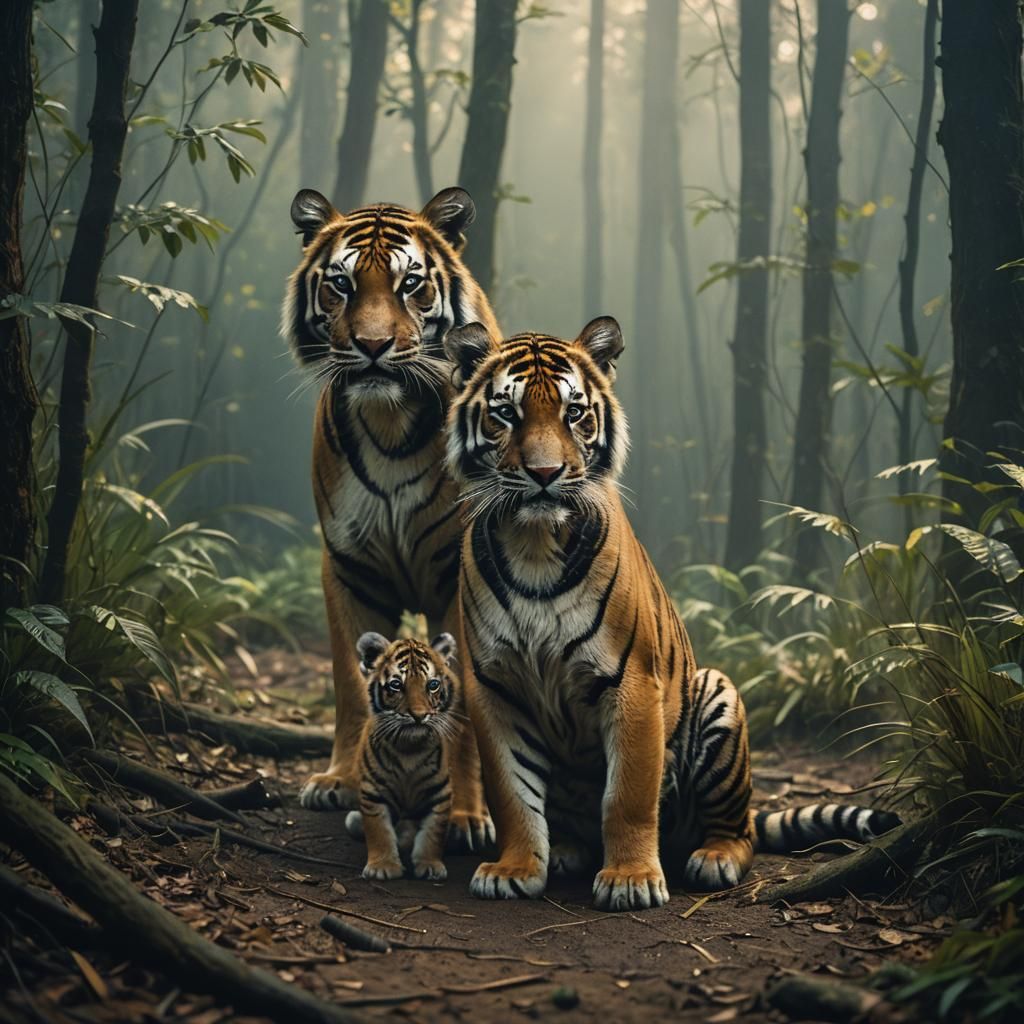 Cinematic Tiger Family in Misty Forest