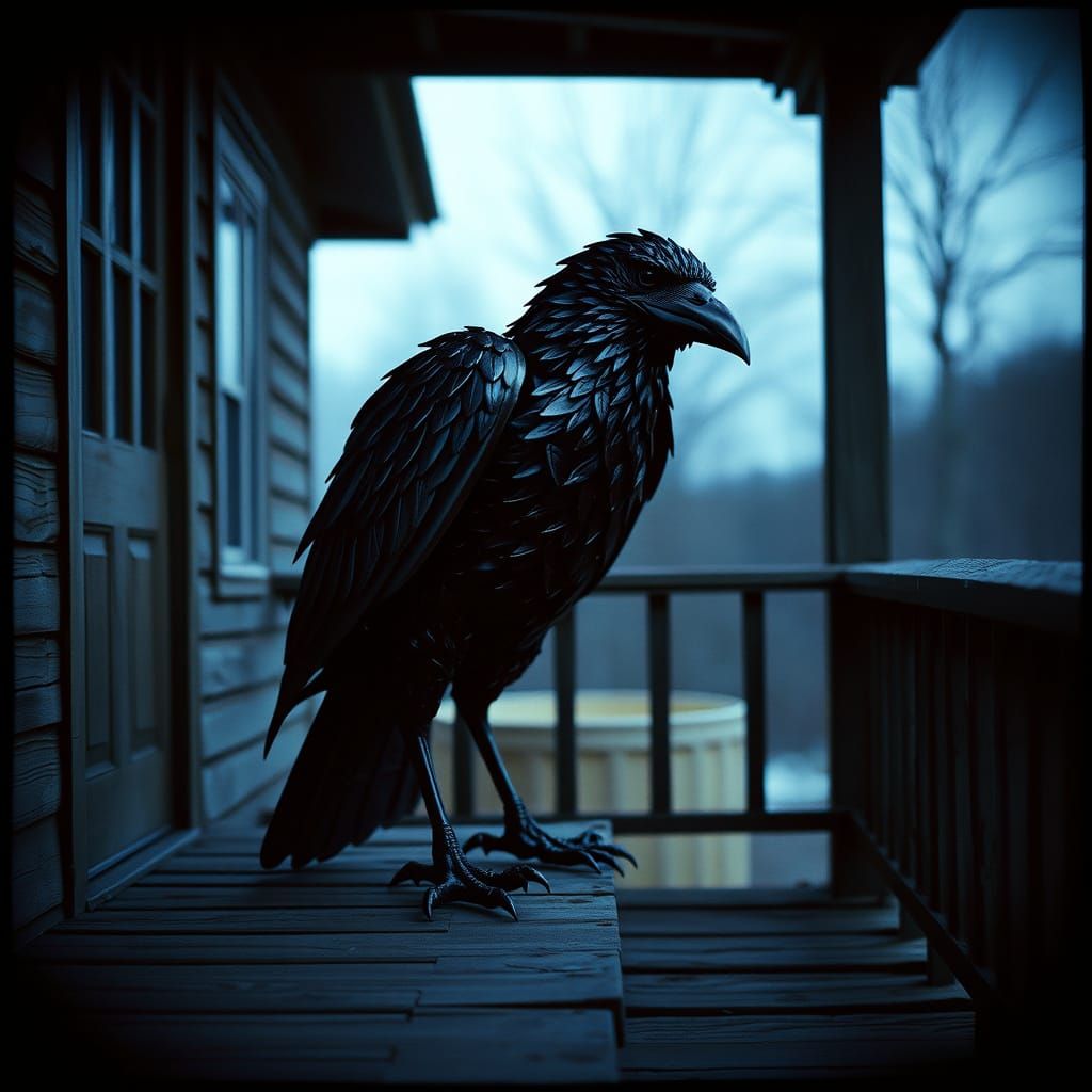 Majestic Metal Raven Sculpture in Atmospheric Lighting