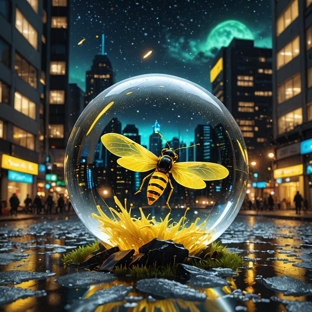 Glowing Firefly Over Crystal Sphere in Cityscape
