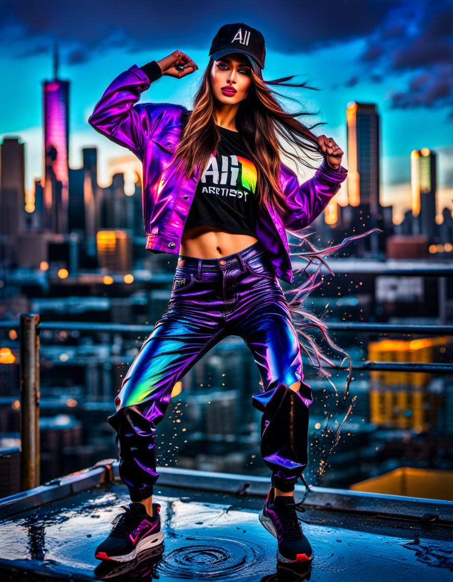 Hyperrealistic Young Woman Dancing in Cityscape