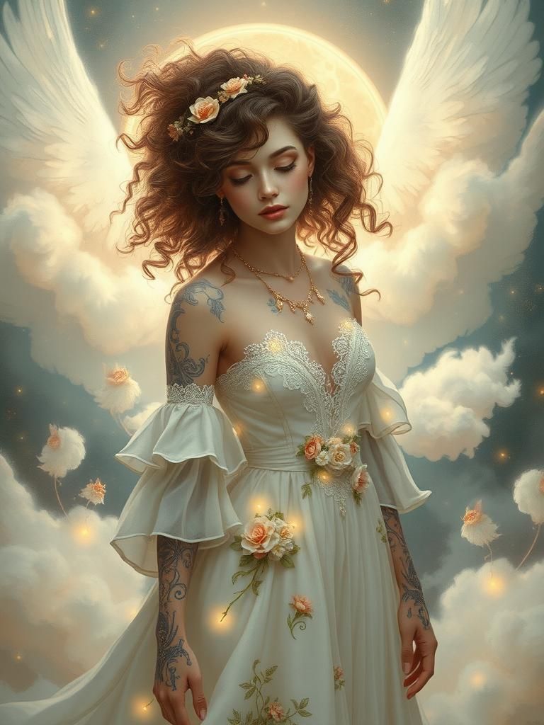Ethereal Woman with Glowing Tattoos in Dreamy Style