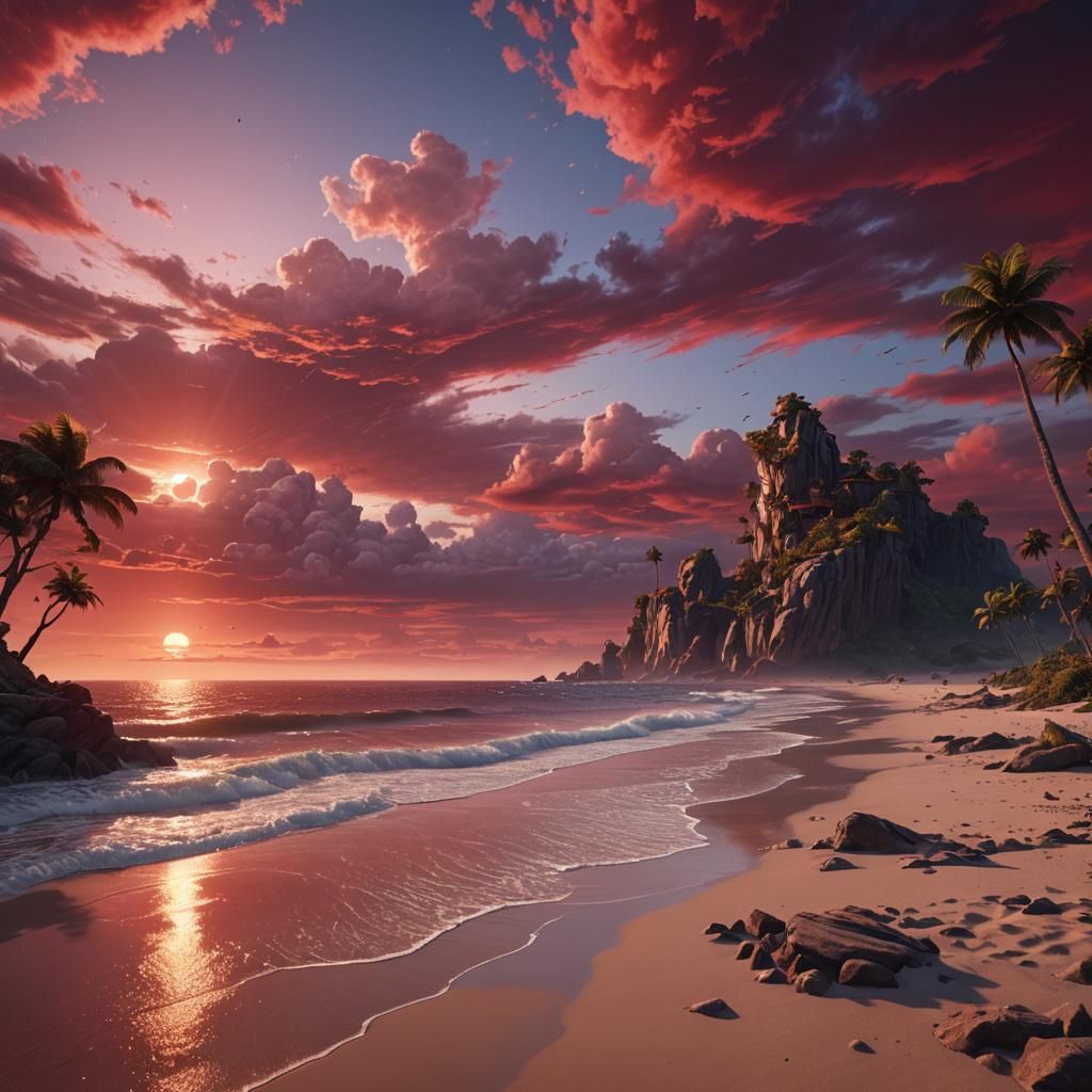 Fantasy Beach with Red Skies: Detailed Matte Painting