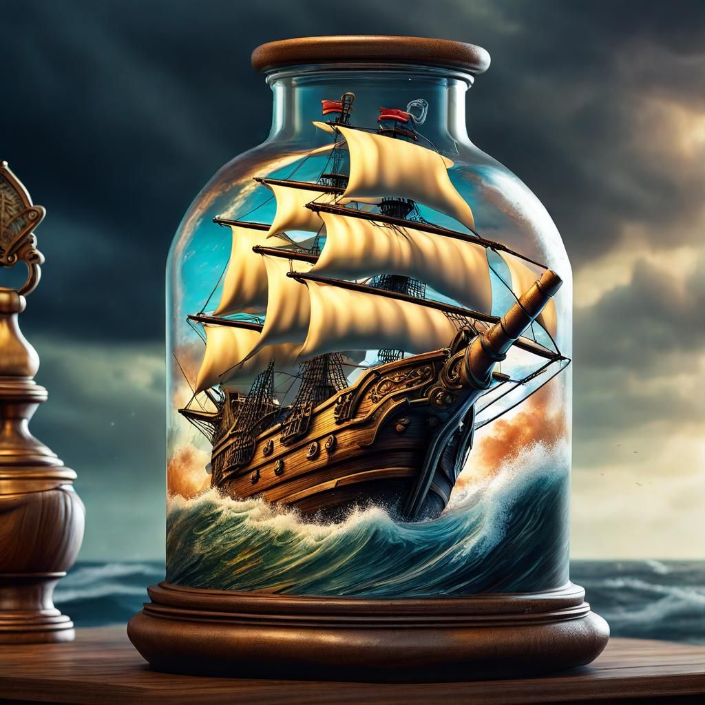 pirate ship in stormy seas inside large bottle
