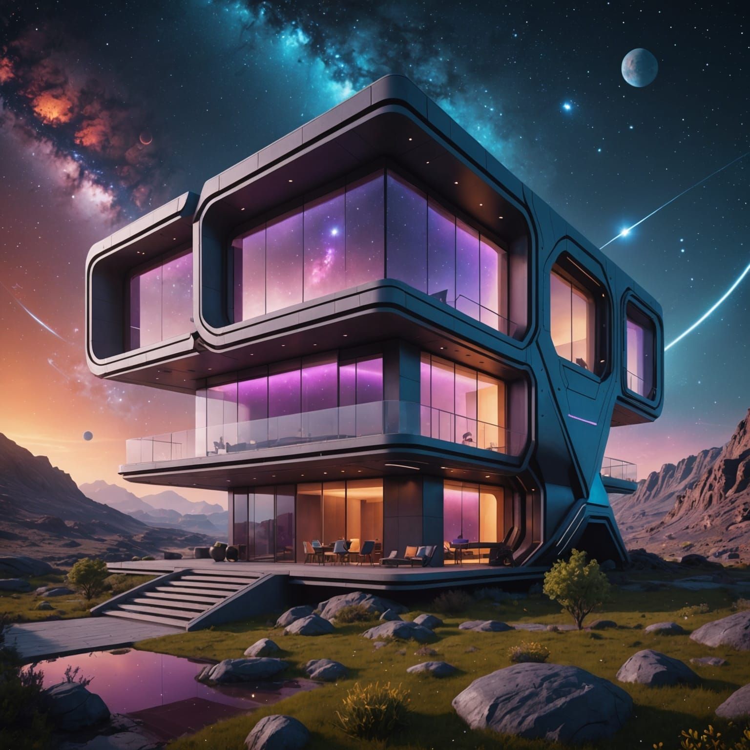 Futuristic House Amidst Nebula Starlight in Detailed Paintin...