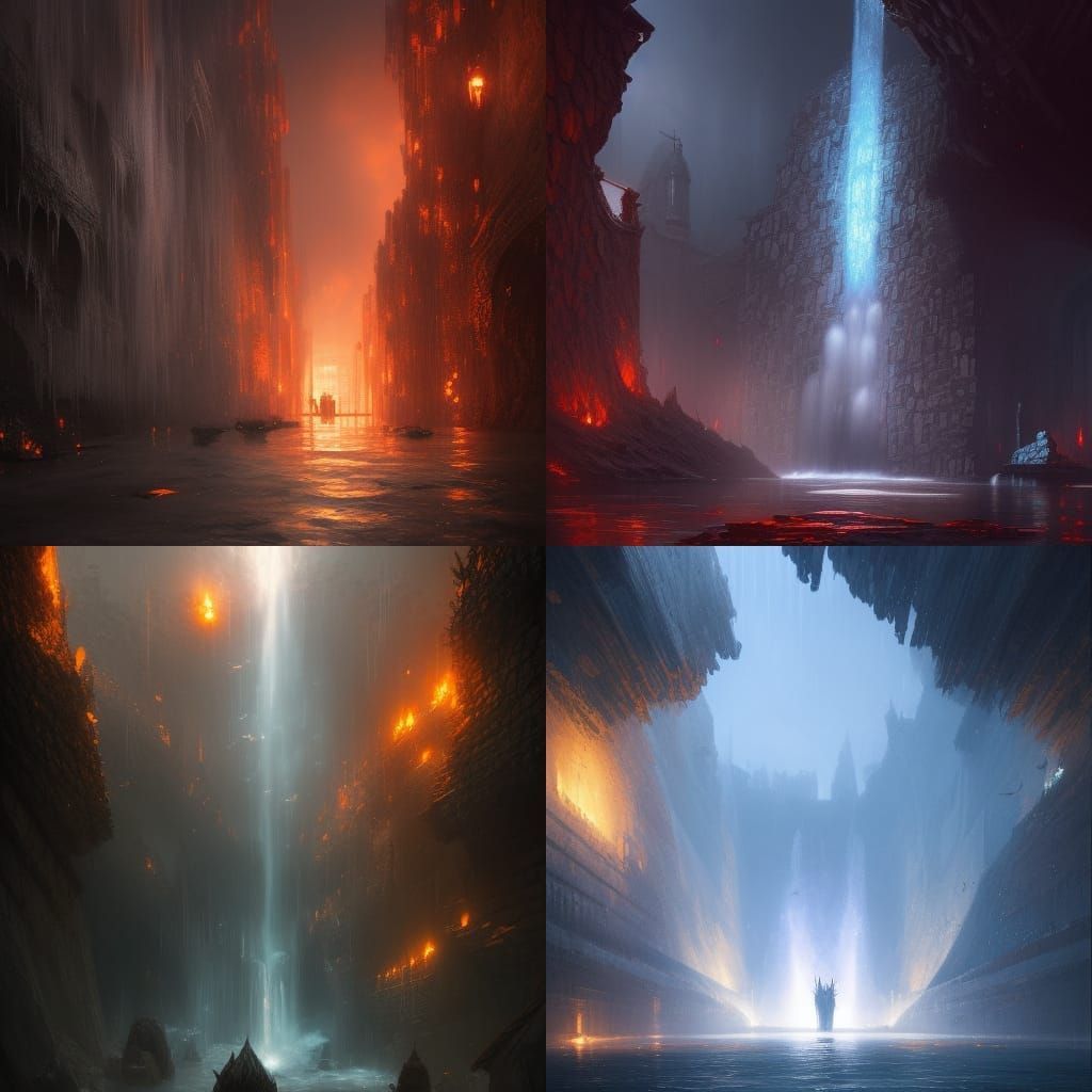 Water Wall Meets Fire Wall in Dark Fantasy Art