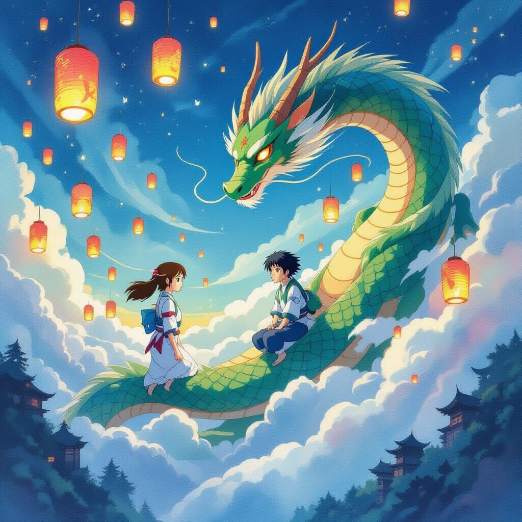 Spirited Away Movie Poster: Chihiro and Haku Soar Through Bi...