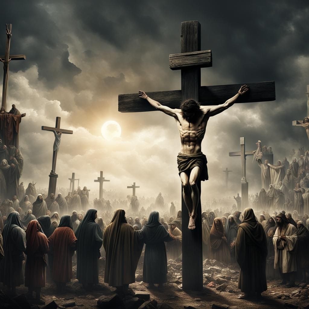 Jesus hanging on the cross, two others, one on the left, one...