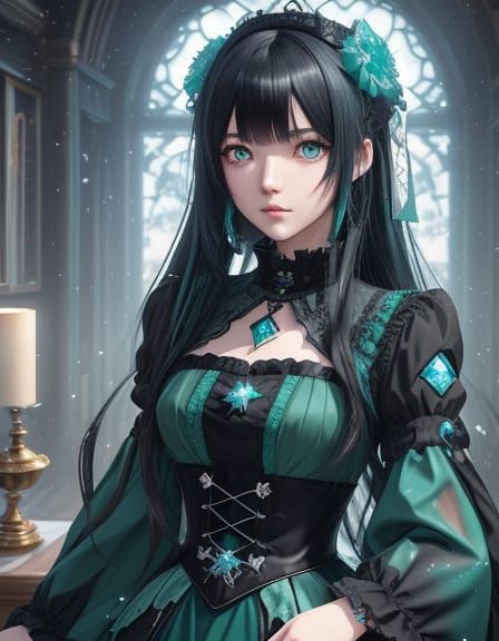 Anime Goth Girl with Emeralds, in Watercolor Splash Art