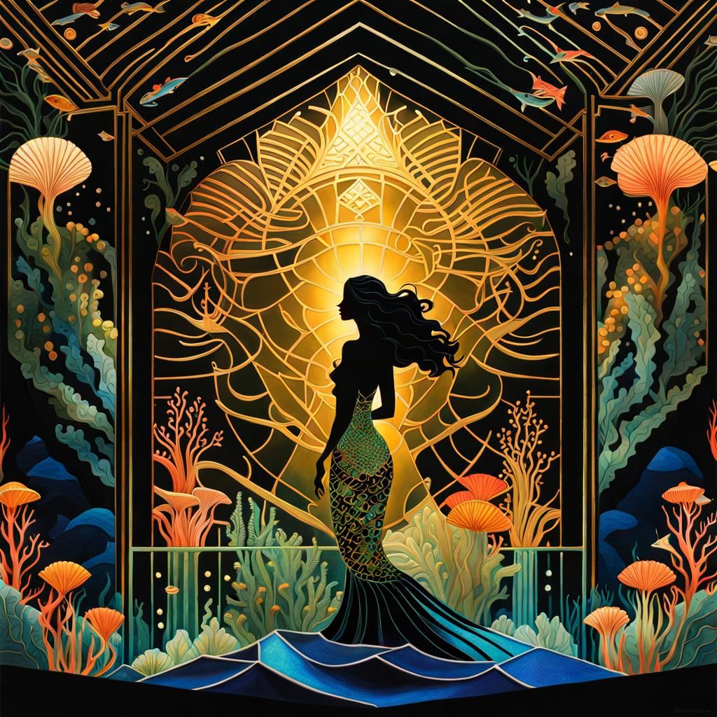 Art Deco Mermaid in Underwater Glass Greenhouse