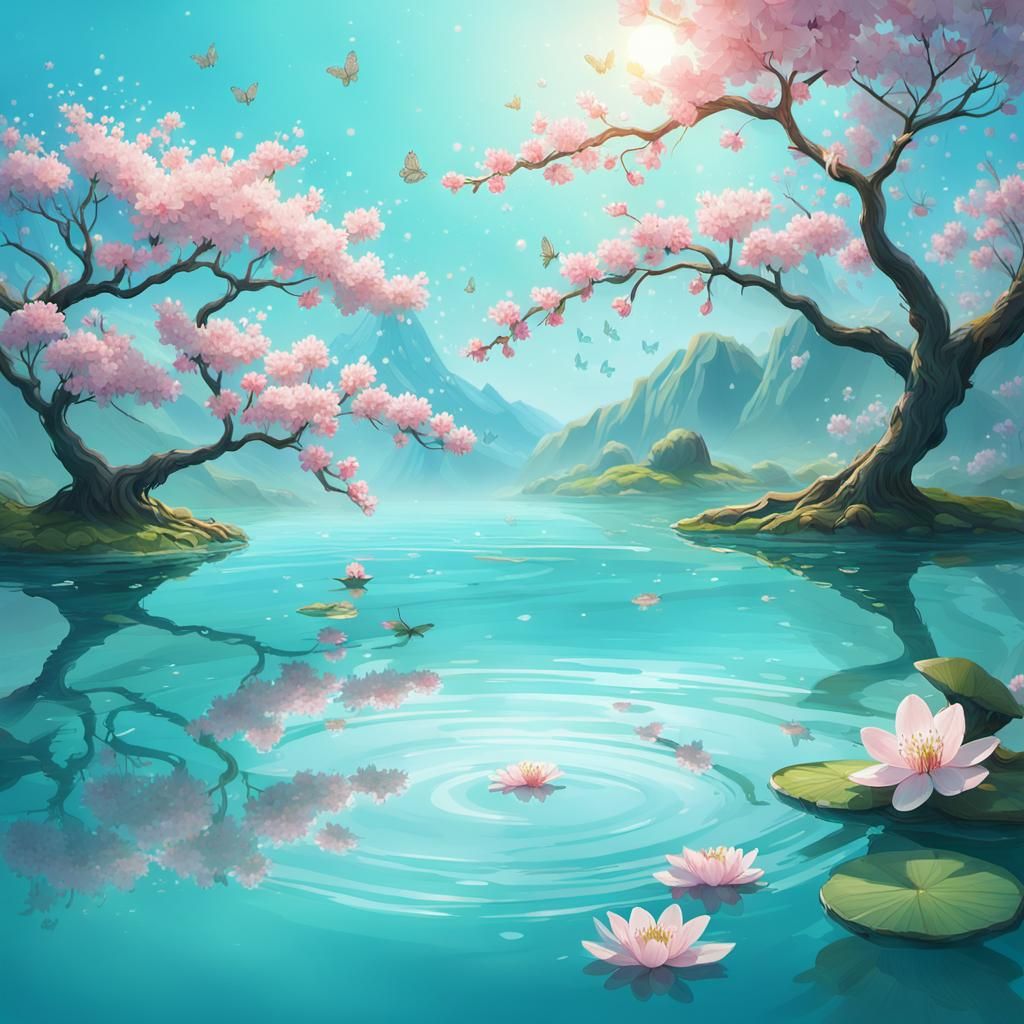 Cherry Blossom Tree over Serene Lake: Fantasy Matte Painting