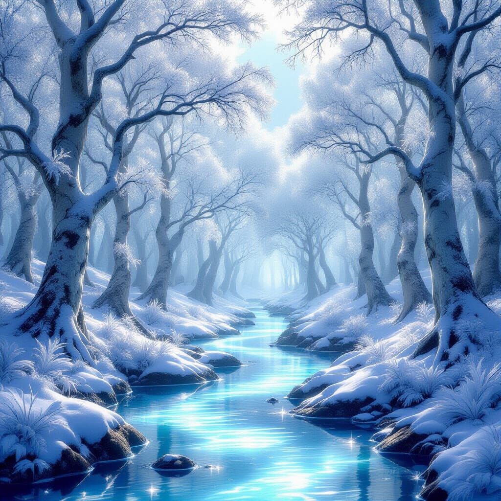 Magical Forest of Crystal Leaves and Silver Streams