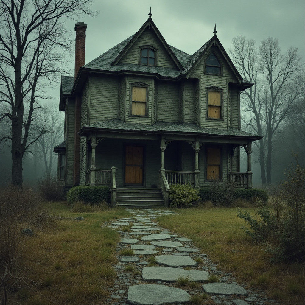 Dilapidated Victorian House in Nostalgic Realism