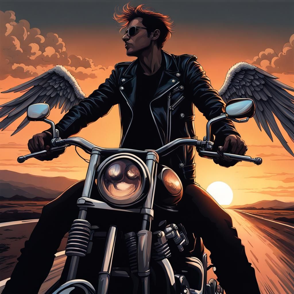 Biker with Angel Wings at Sunset, Hyperrealistic Splash Art