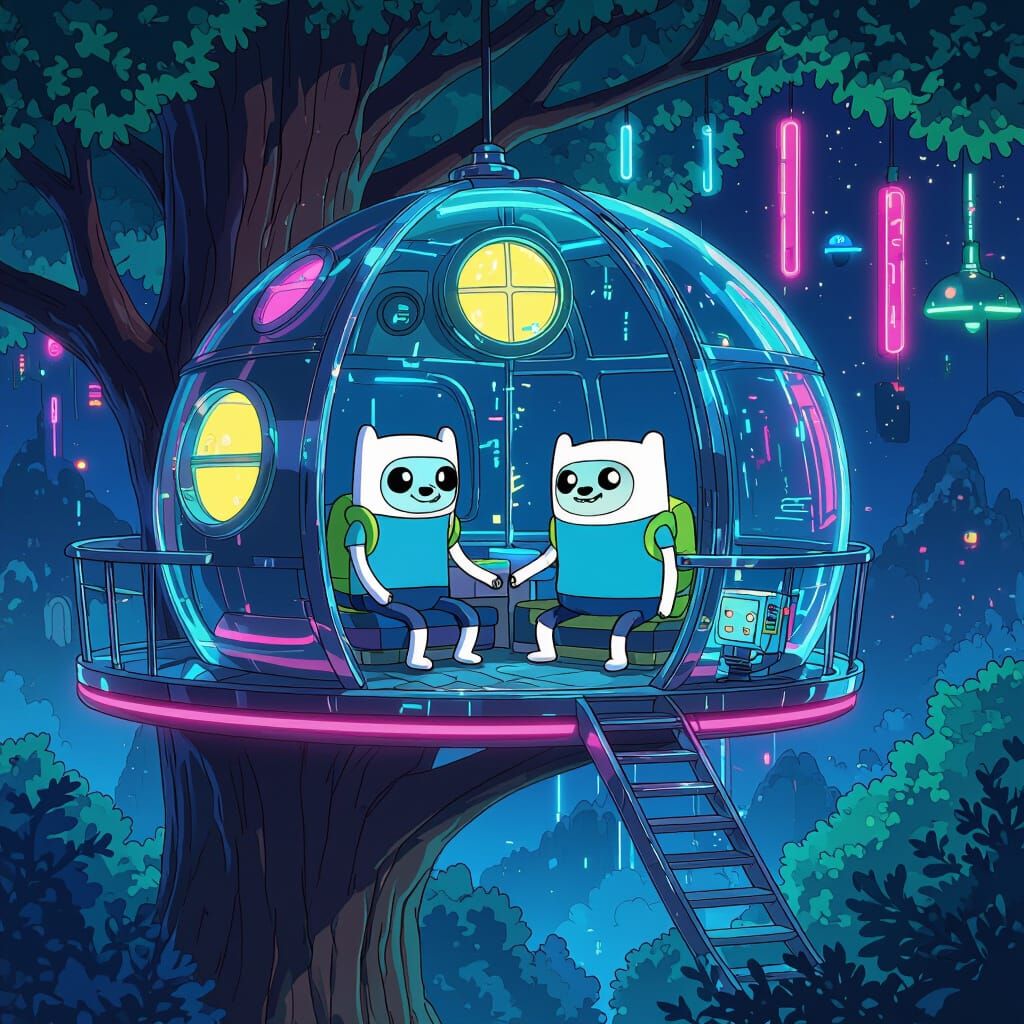 Finn and Jake's Futuristic Treehouse in Vibrant Animated Sty...