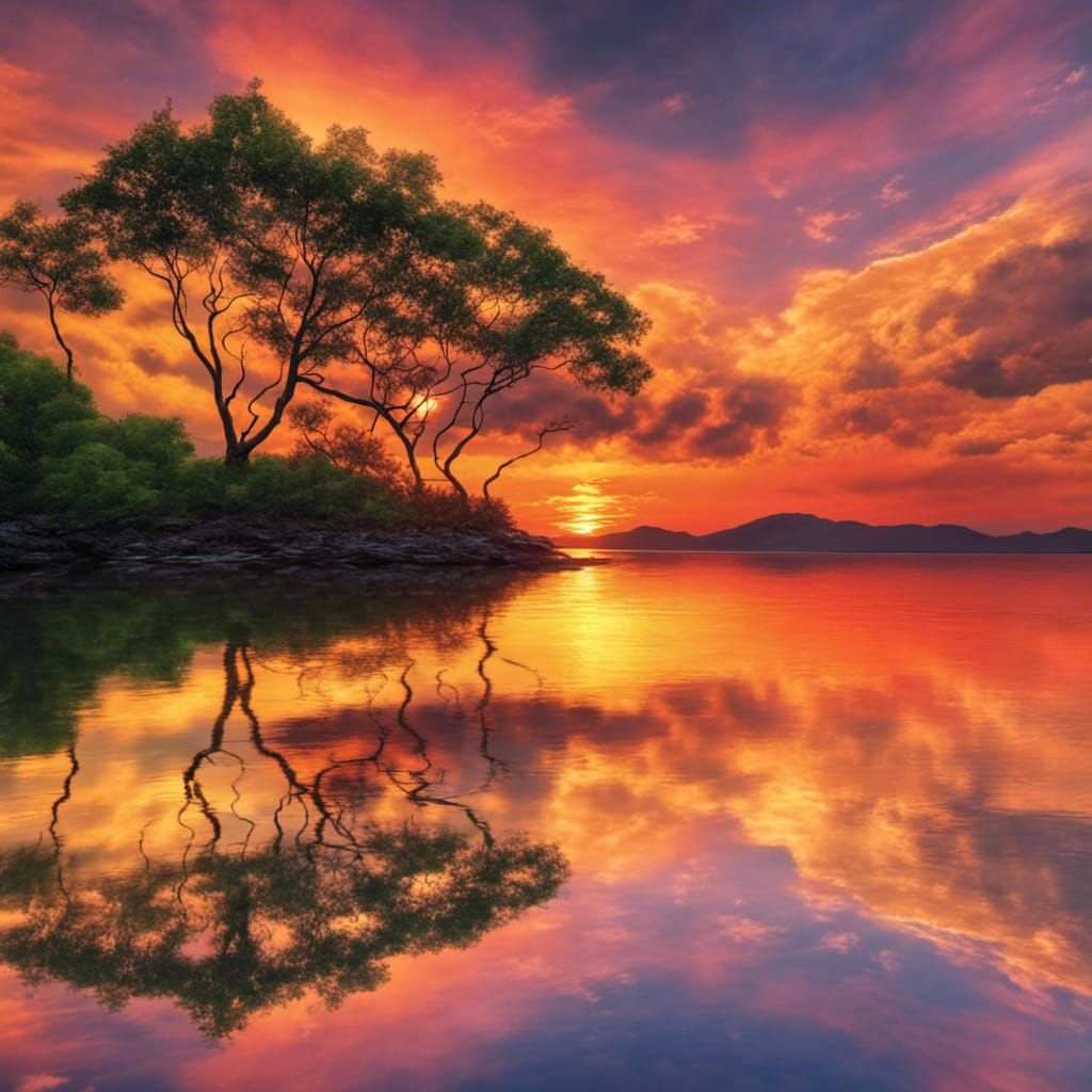 Vibrant Sunset Reflections Over Tropical Islands