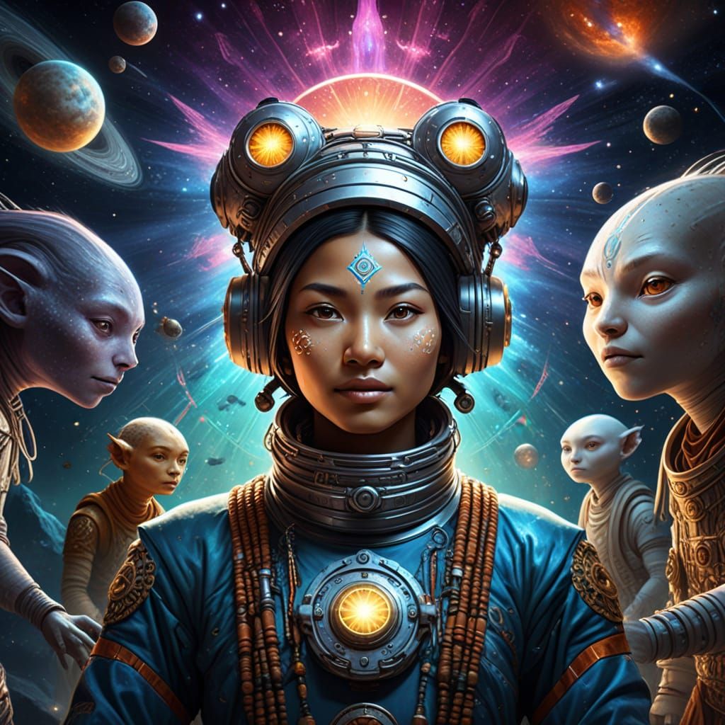 Tibetan Shaman Woman Astronaut Among Star Bursts and Friendl...