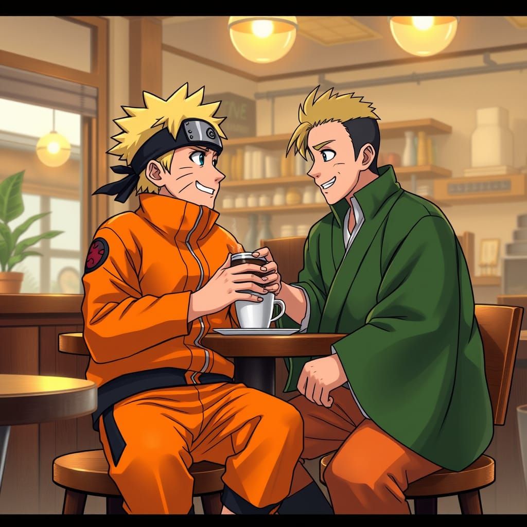 Naruto and Tanjiro Bond Over Coffee in Vibrant Anime Style