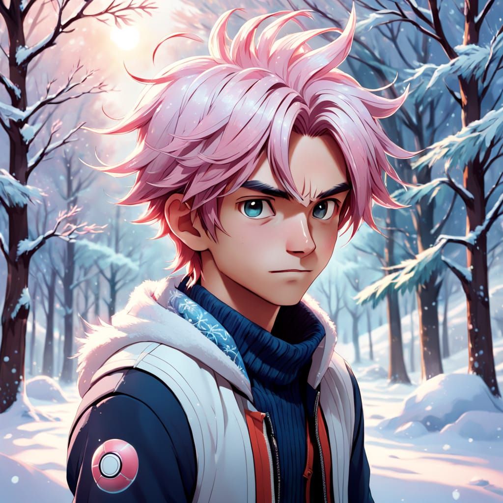 Confident Pokémon Trainer Stands Tall in Snowy Landscape, Pi...