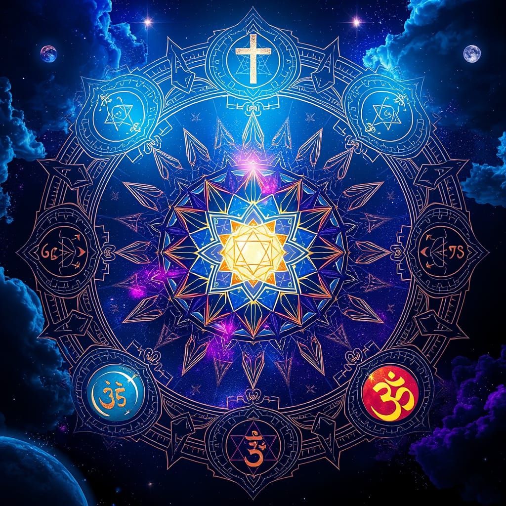 Celestial Convergence of Faiths in Vibrant, Divine Light