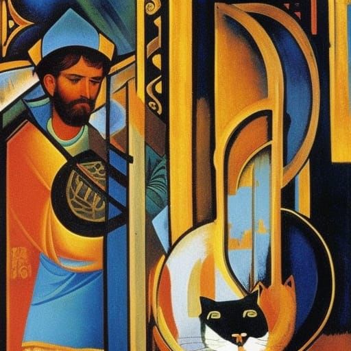 Cat in Burning Sky, Cubist and Icon Art Style