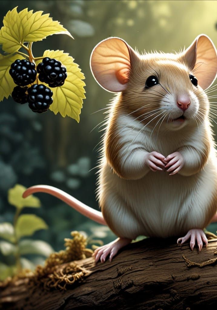Charming Mouse Savoring Blackberries in Serene Nature Scene