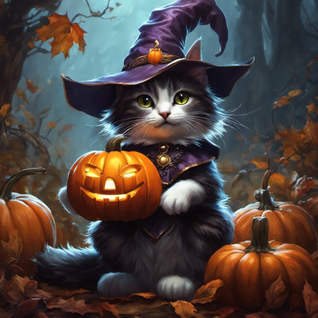 Anthropomorphic Witch Kitten in Dark Fantasy Style