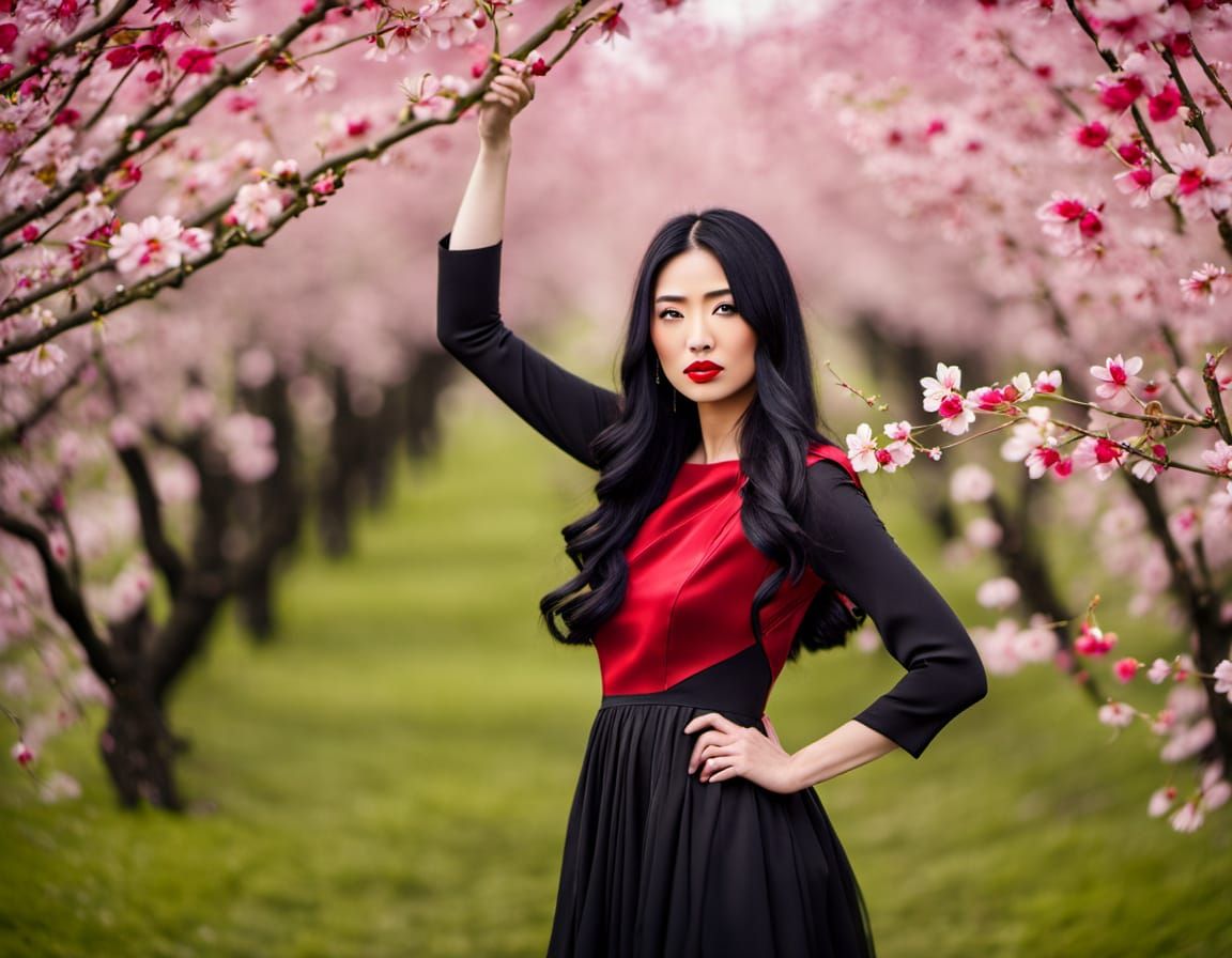 Stunning Woman in Cherry Blossom Field