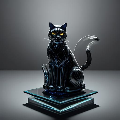 Monochrome Glass Cat Sculpture in Film Noir Style