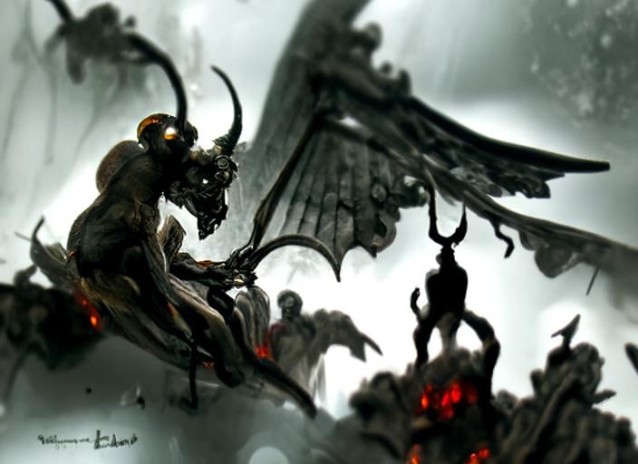 Sinister Winged Demon in Hellish Art Deco Style