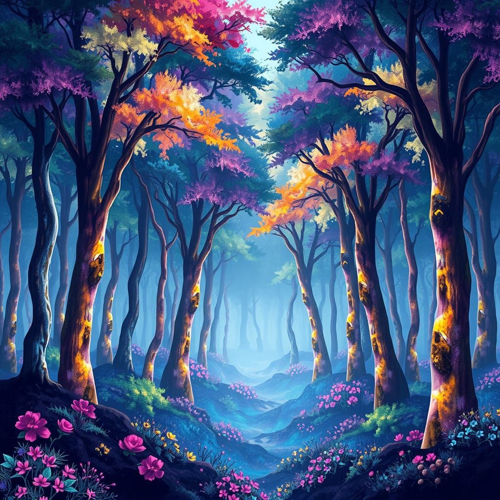 Enchanting Gemstone Forest in Vibrant, Dreamlike Color