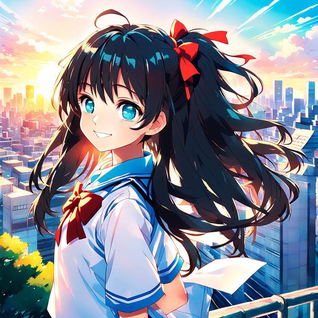Smiling Anime Girl in Sunny Tokyo: 2D Digital Art