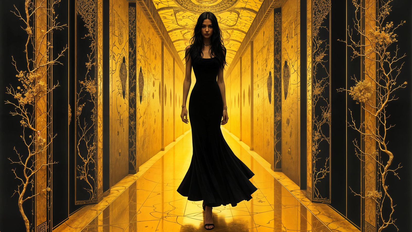 Elegant Lady in Golden Hallway, Art Nouveau Style