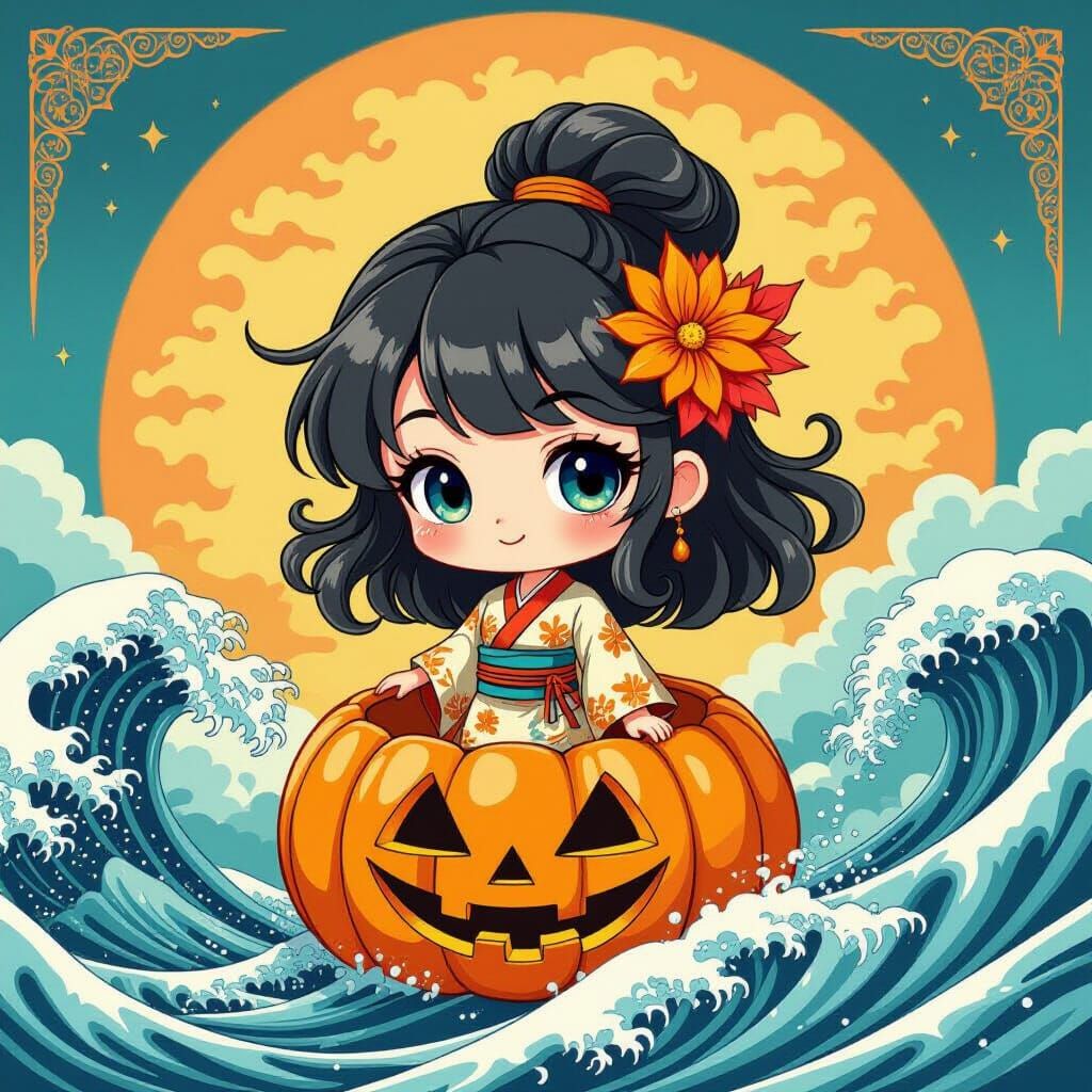 Chibi Pumpkin Surfing a Surreal Ocean