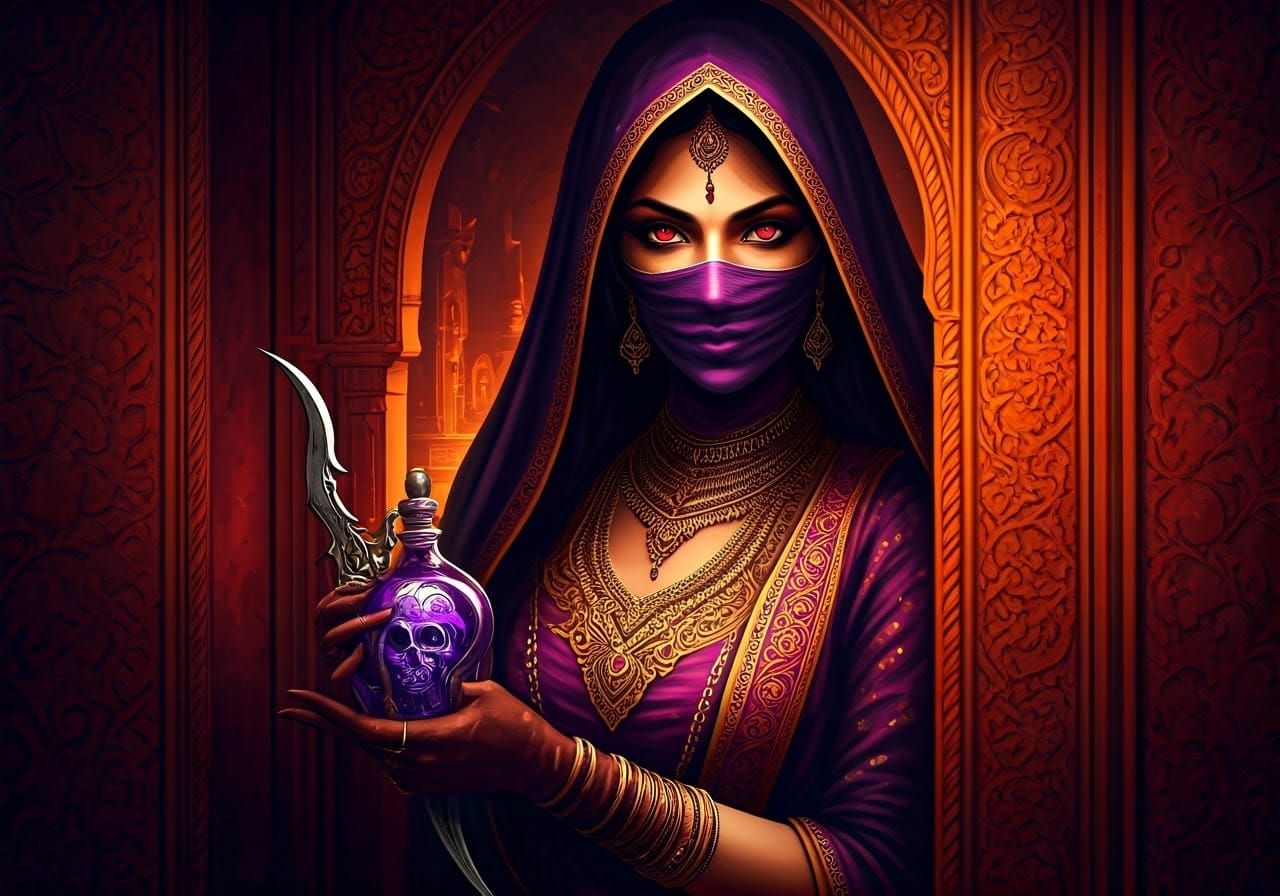 Mysterious Indian Spy Assassin in Regal, Dark Fantasy Attire