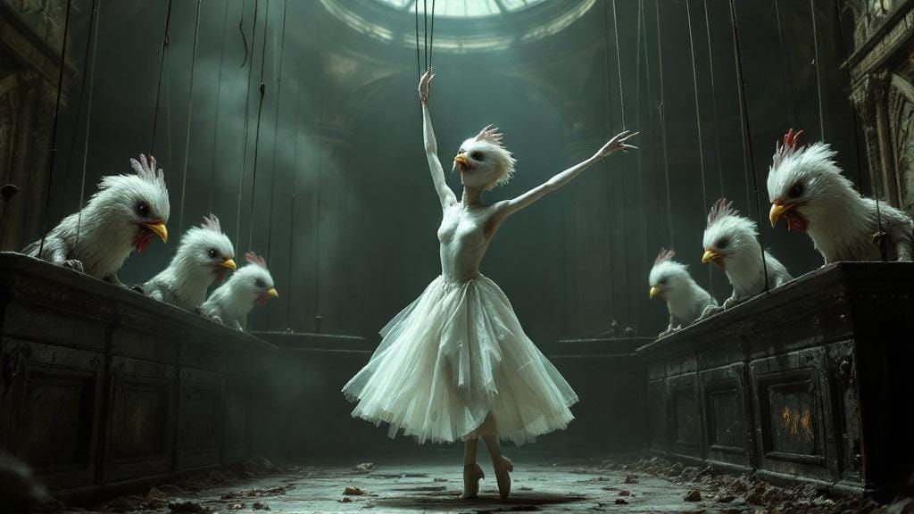 Creepy Puppet Ballerina in Courtroom, Dark Fantasy Art