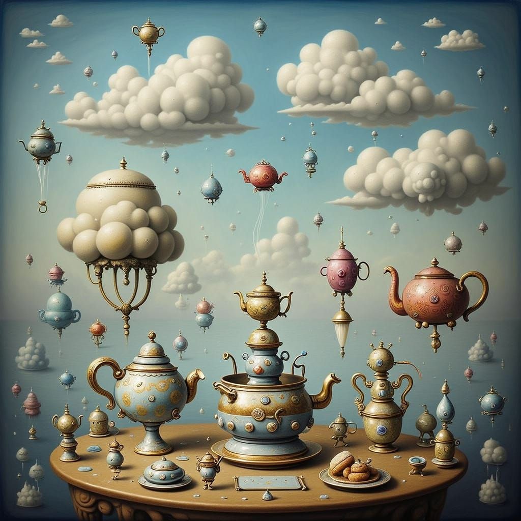 Whimsical Tea Party on Floating Island in Cream Sky