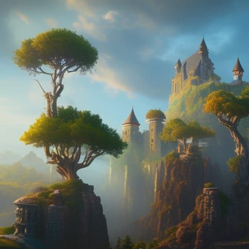 Detailed Island Castle on a Hill in 3D