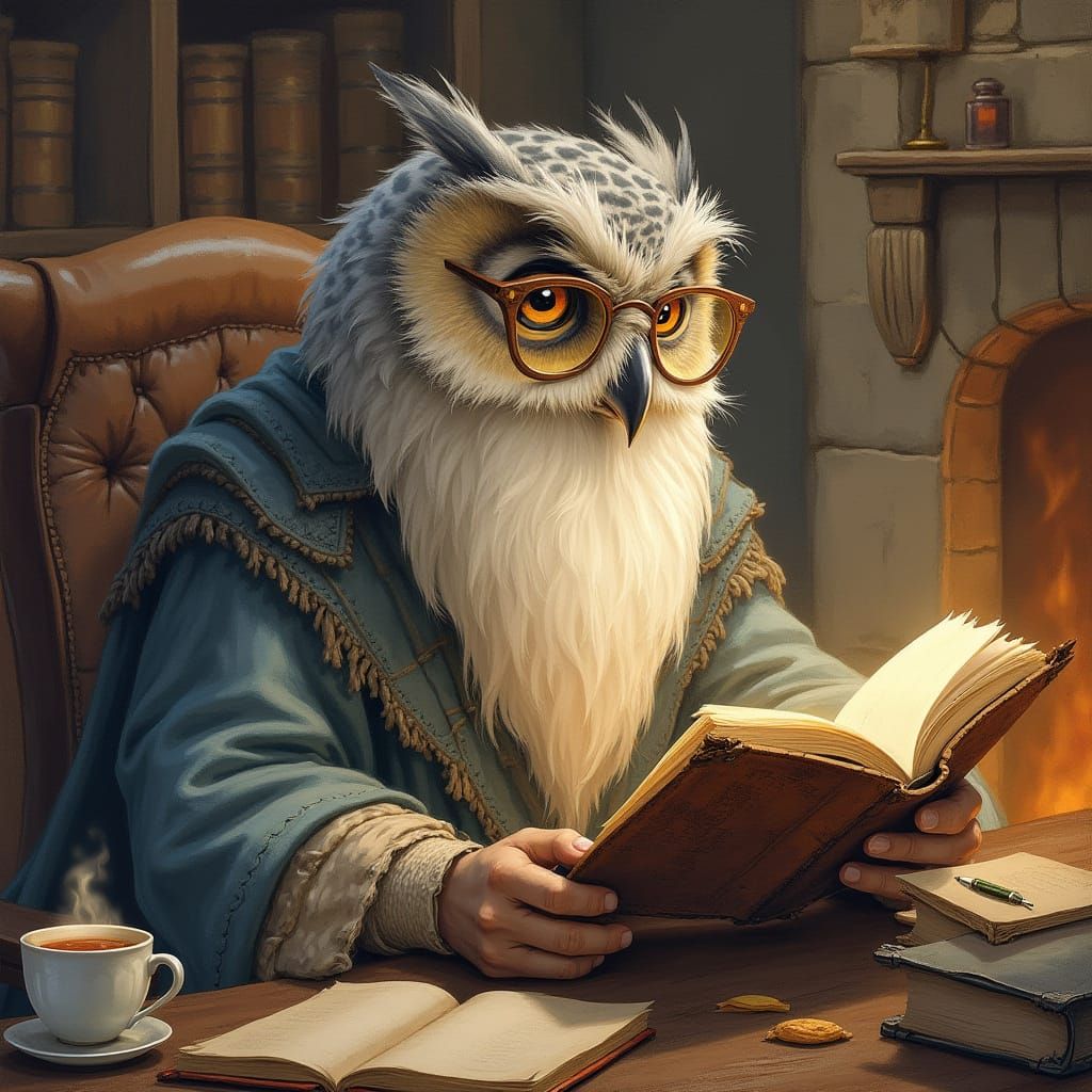 Wise Owl Sage in Cozy Study, Watercolor Illustration