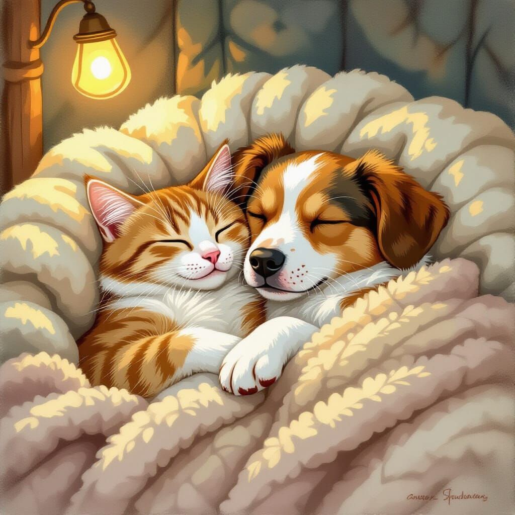 Peaceful Sleep: Cat and Dog in Beatrix Potter Style