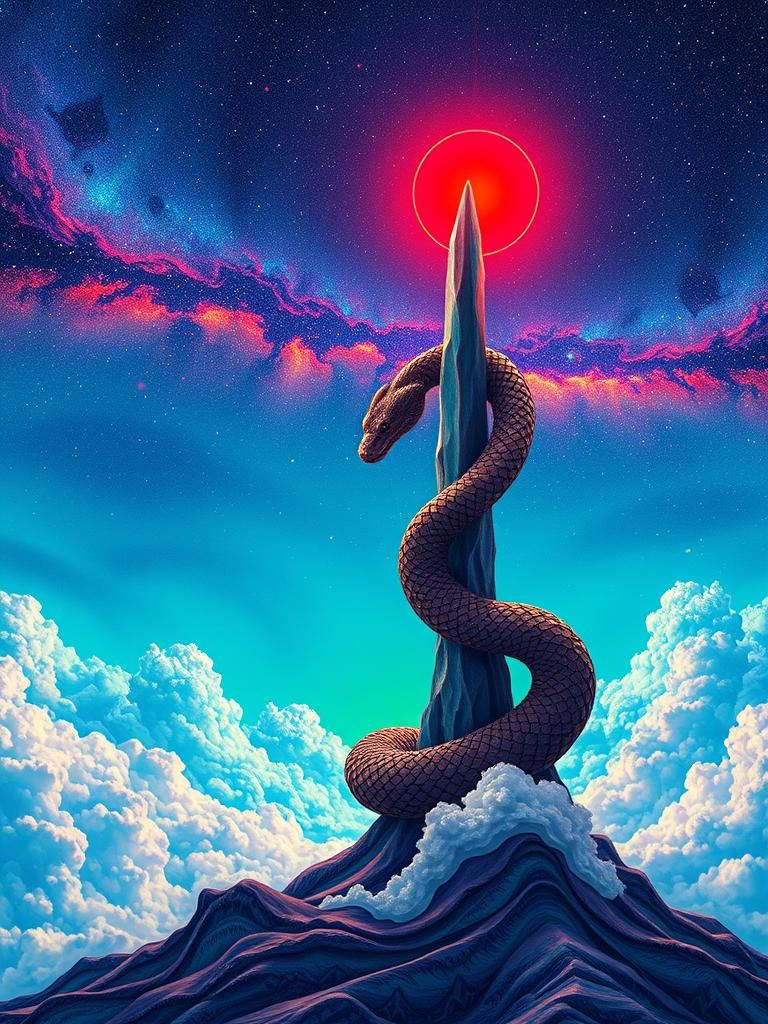 Serpent Coiled Around Crystal Spire in Abstract Landscape