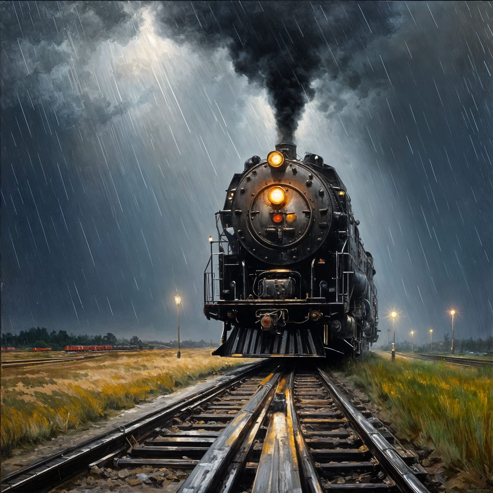 Northbound Train in Rain: Oil Painting Style