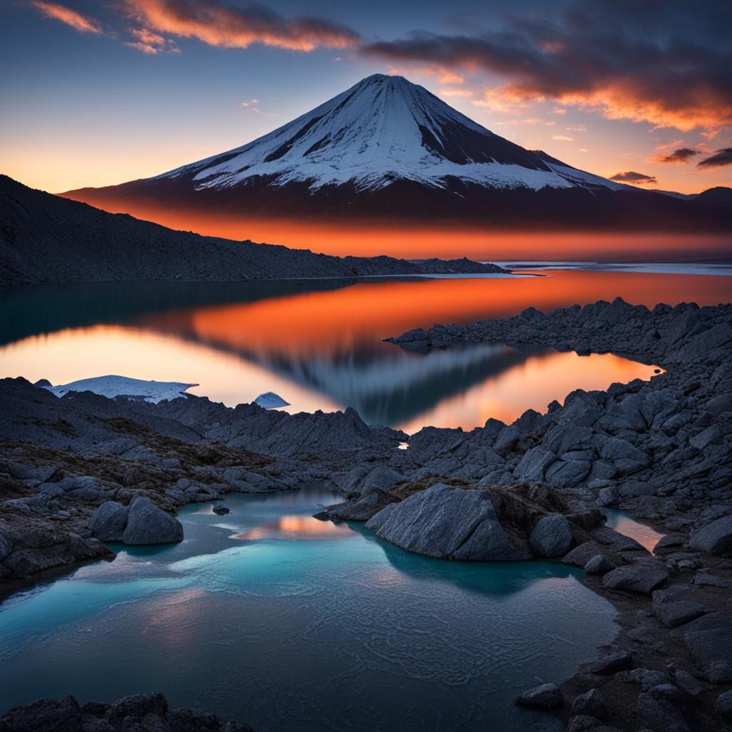 Volcano and Glacial Lake at Sunset