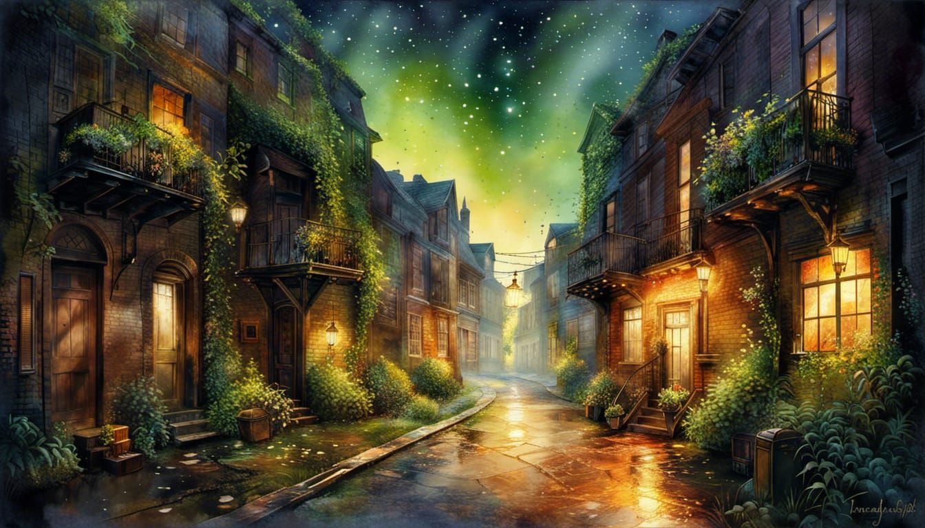 Firefly Alleyway: Hyperdetailed Digital Watercolor Steampunk