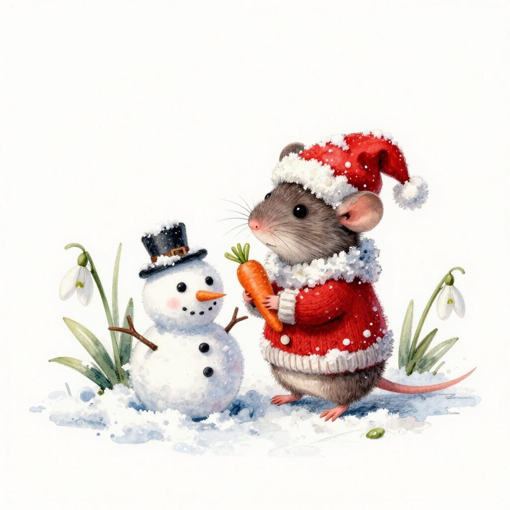 Tiny Mouse in Christmas Jumper Making Snowman Amidst Snowdro...