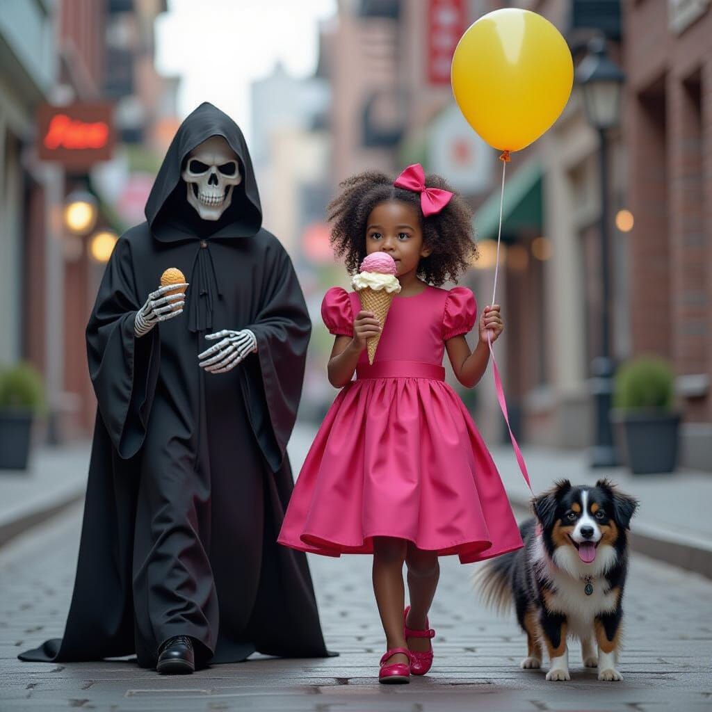 Girl with Grim Reaper, Ice Cream and Dog