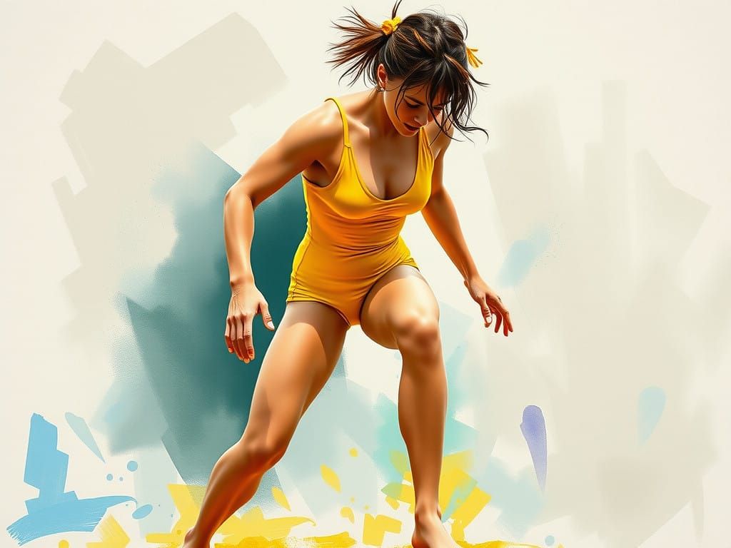 Majestic Female Wrestler in Vibrant Gouache Masterpiece