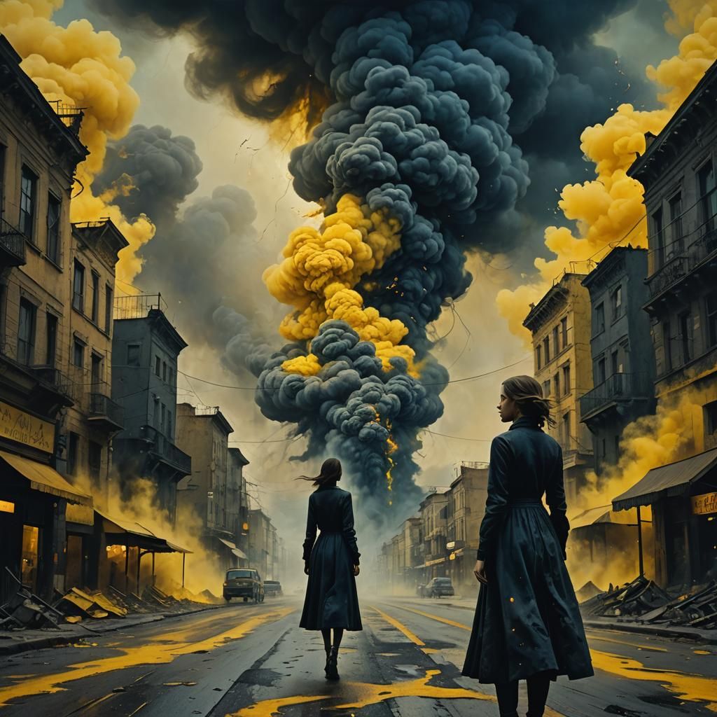 Smoky Street Scene in Mixed Media Concept Art