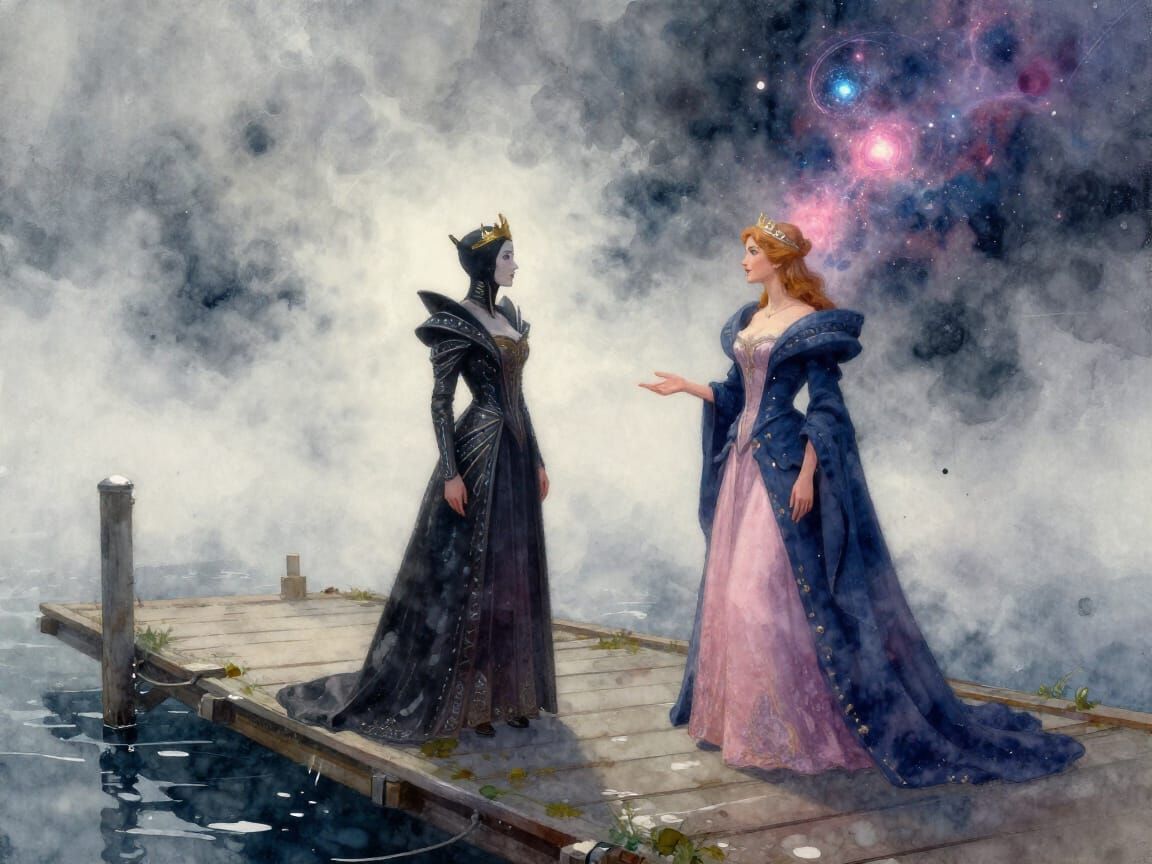 Cyberpunk Norwegian Queen Meets Cosmic French Queen on Foggy...