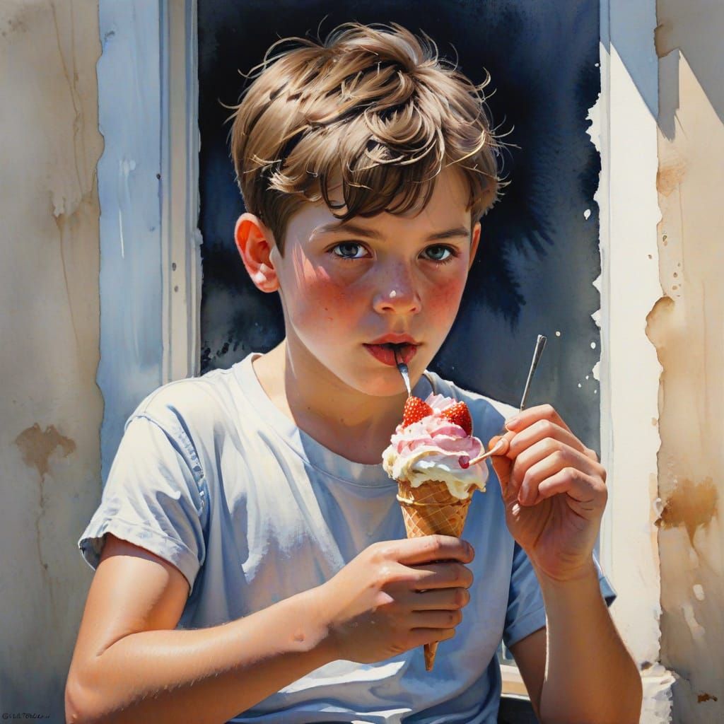 boy eating ice cream and a strawberry cone