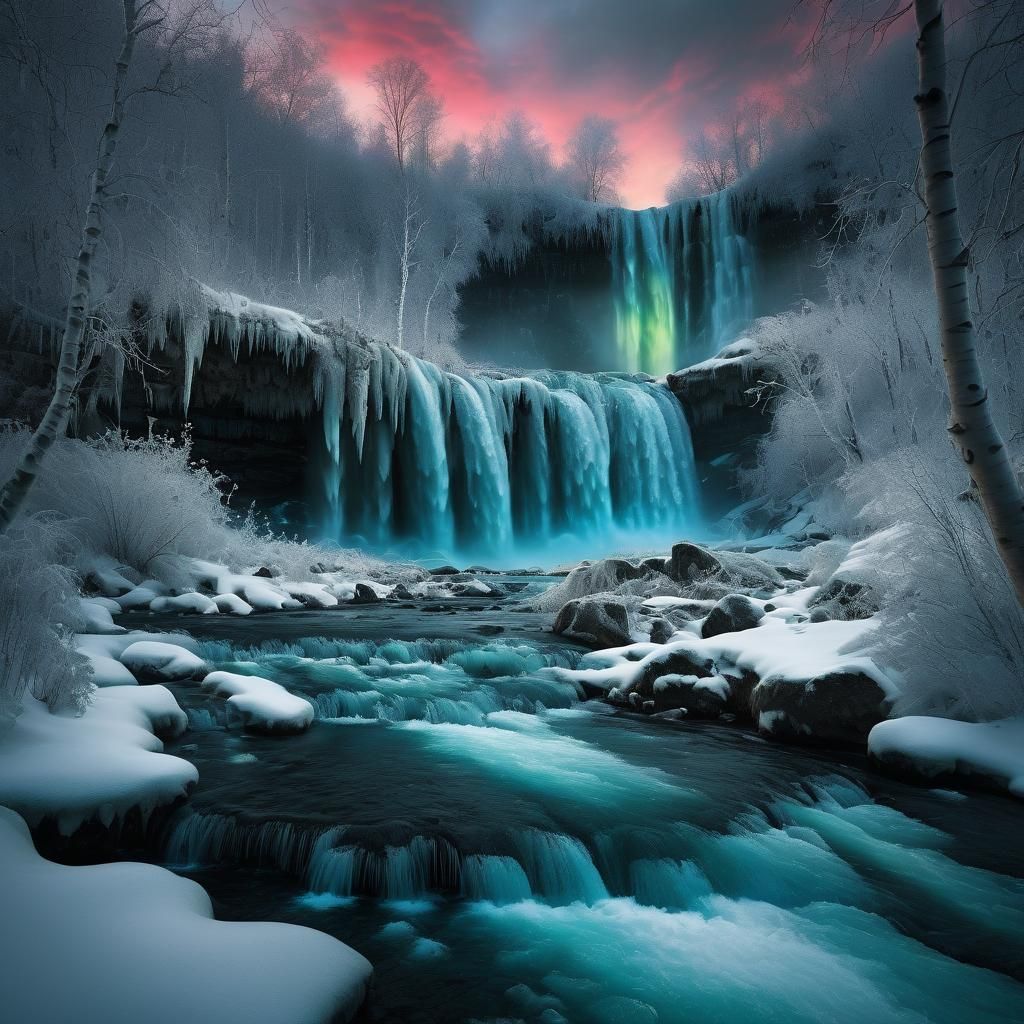 Frozen Waterfall Under Aurora Borealis